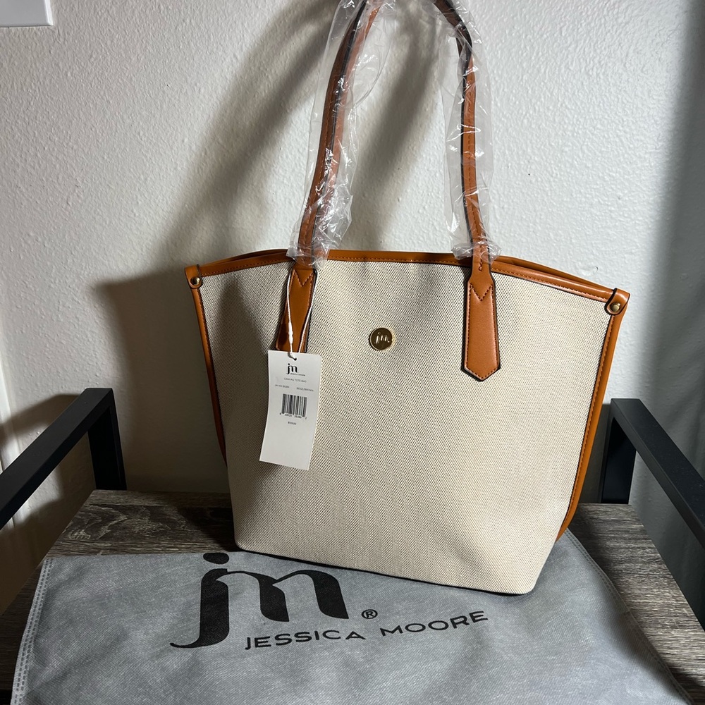 Jessica Moore Cream and Tan Canvas Tote Bag with dust cover